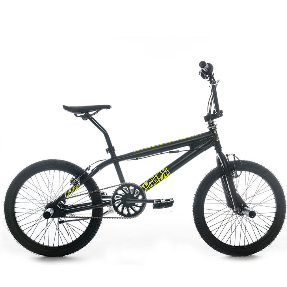 Bicicletta freestyle Made in Italy dell'azienda Velomarche, modello Blade, colore nero e giallo