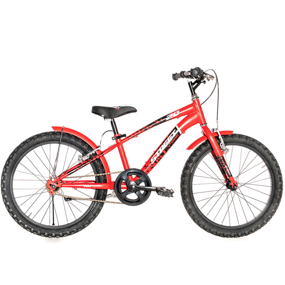 Mountain Bike Junior dell'azienda Velomarche, dimensione 20" e cambio a una velocità, modello Street Gang, colore rosso