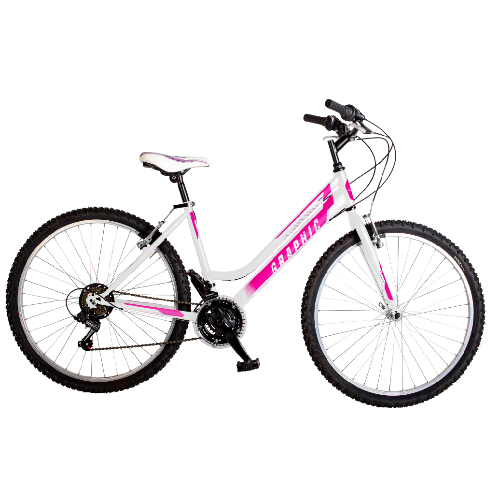 Mountain bike femminile Graphic del marchio italiano Velomarche, di colore bianco