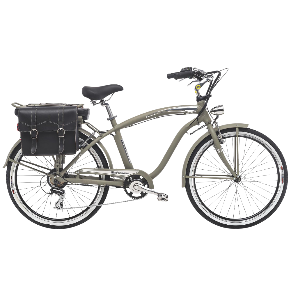 Bicicletta elettrica Cruiser Retrò, Made in Italy, dell'azienda World Dimension, di colore verde militare