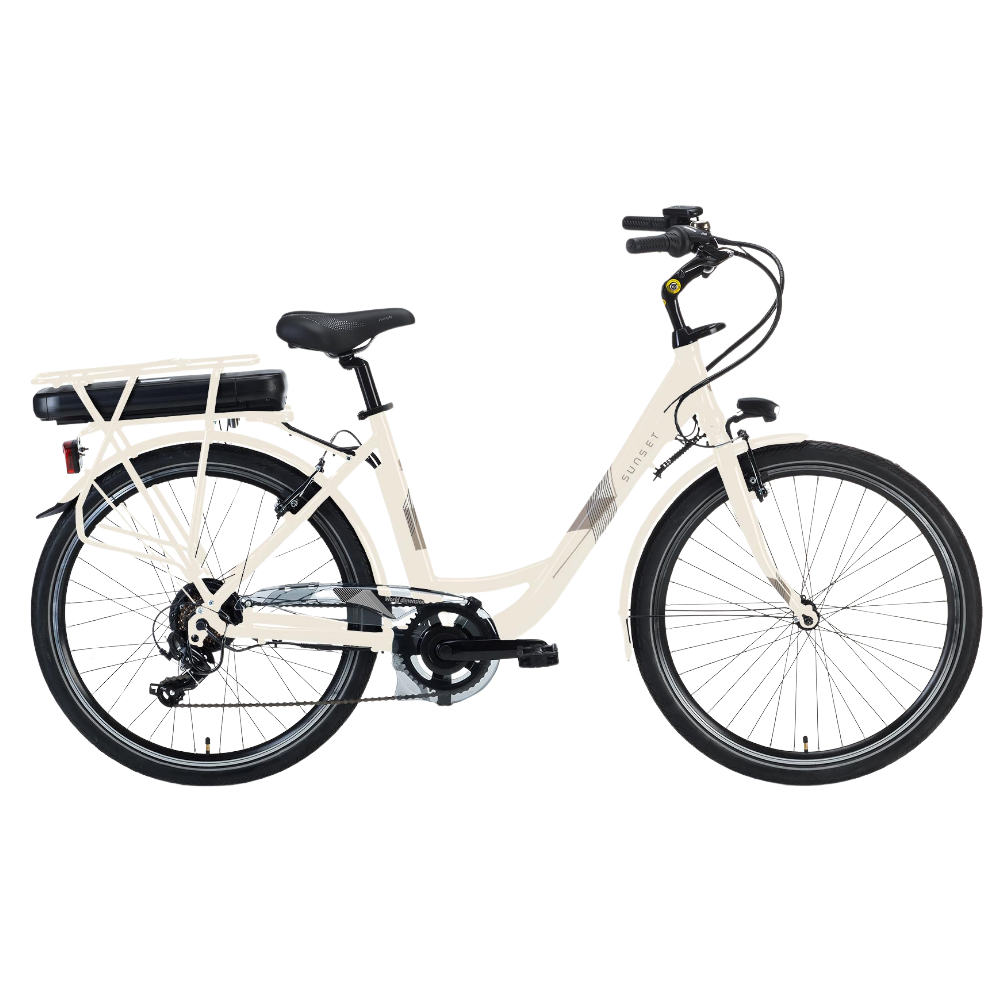 Bicicletta elettrica da città Sunset Plus, Made in Italy, dell'azienda World Dimension, di colore avorio
