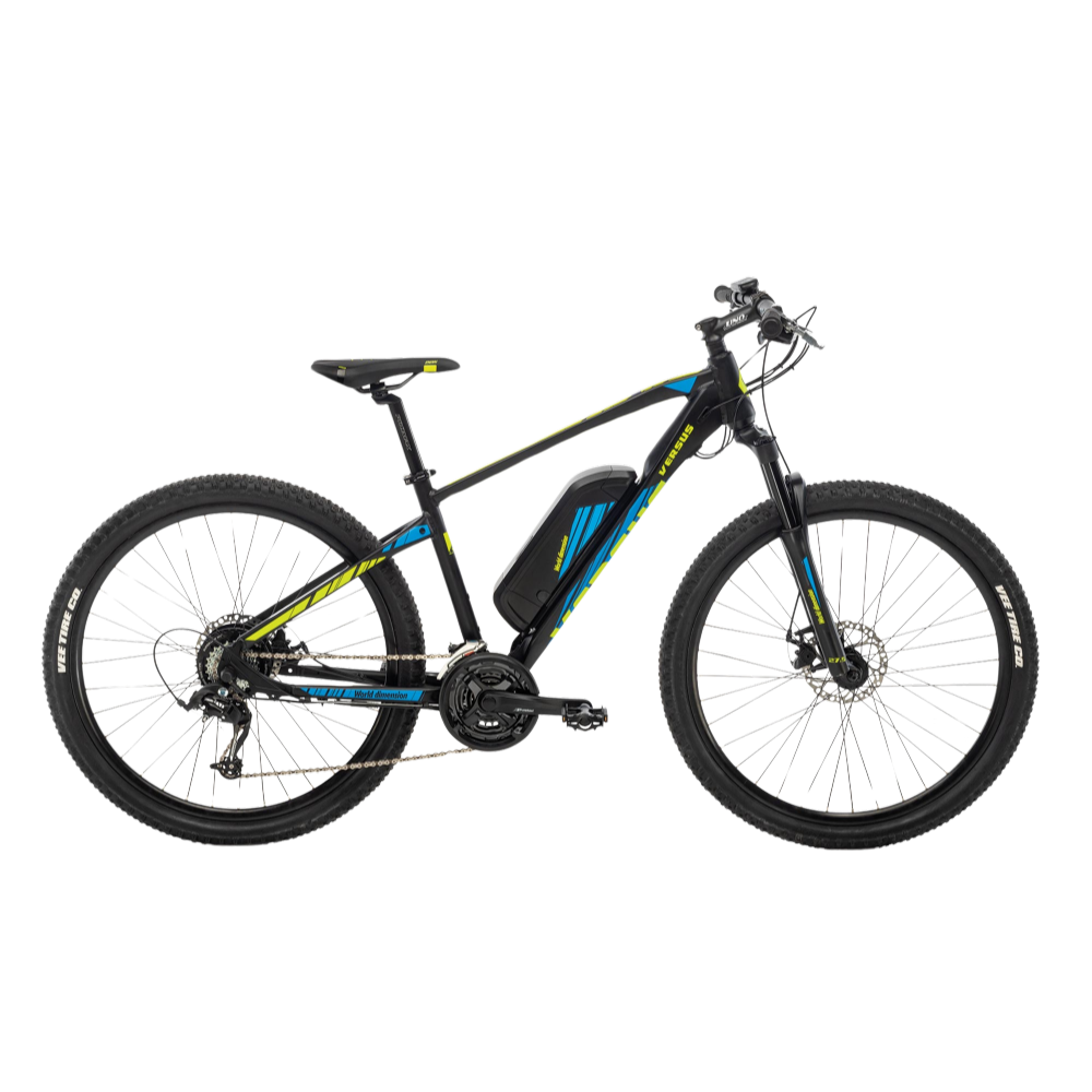 Mountain Bike elettrica Made in Italy, Versus, dell'azienda World Dimension di colore nero opaco, blu e lime