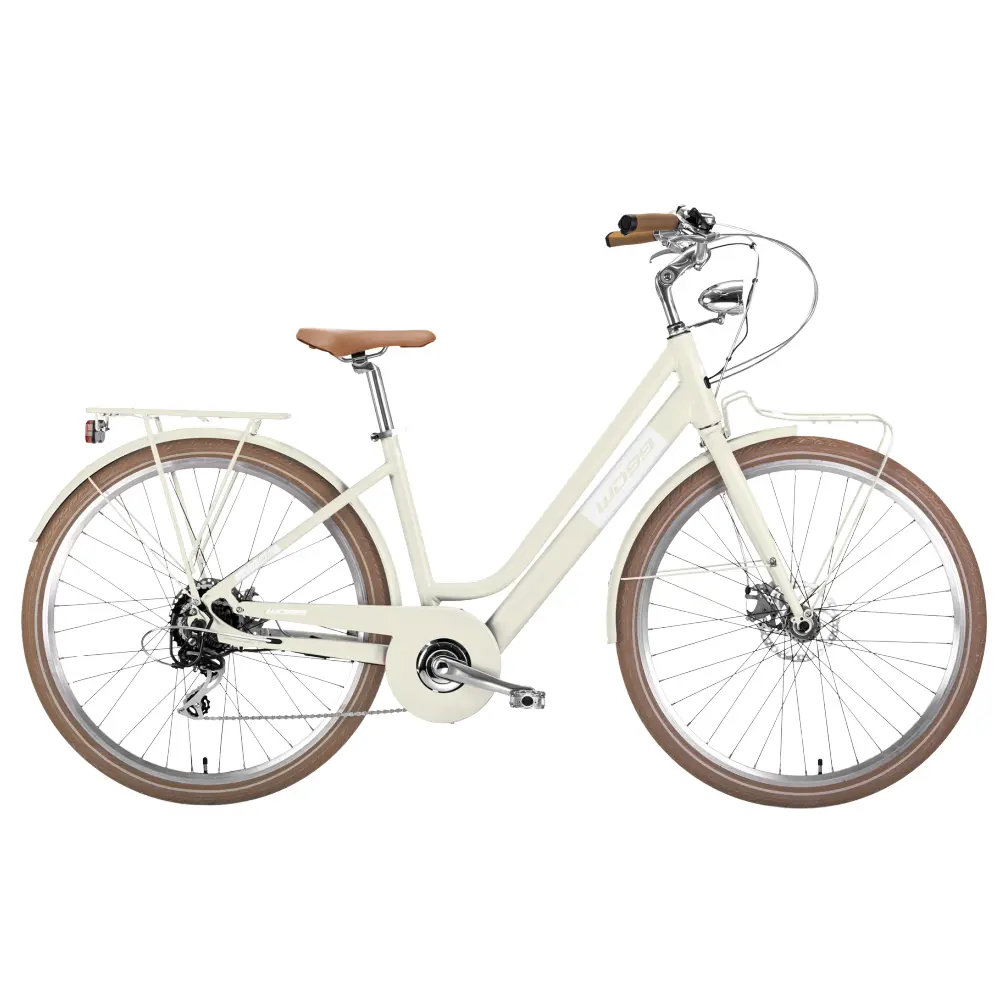 Bicicletta elettrica da città Melody, Made in Italy, dell'azienda World Dimension, di colore crema