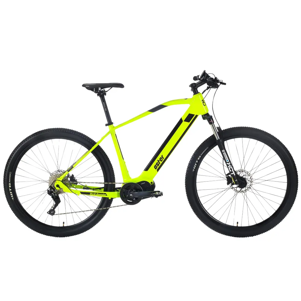 Mountain bike elettrica Made in Italy Aster, dell'azienda World Dimension di colore giallo fluo