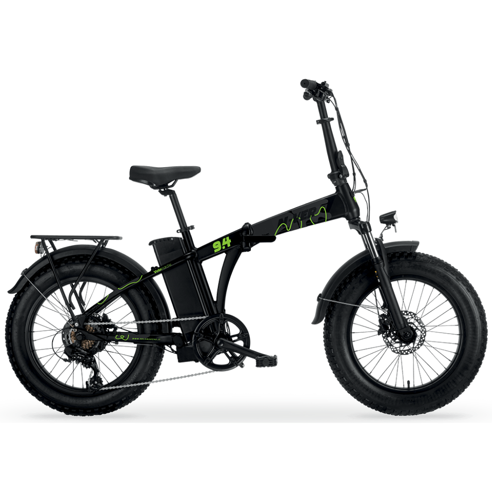 Fat Bike elettrica pieghevole modello 9.4 del marchio Velomarche, colore nero e verde