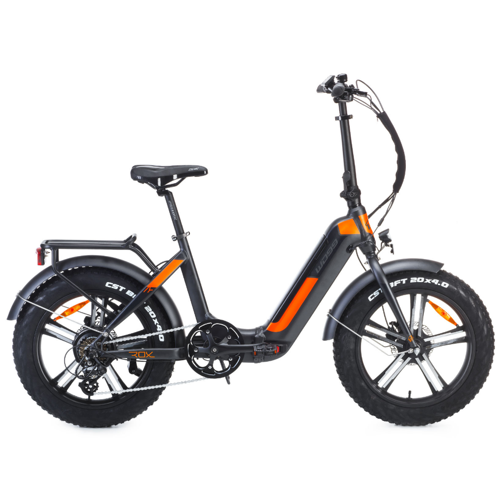 Fat Bike elettrica pieghevole da città, Rockers del marchio World dimension, di colore nero e arancio