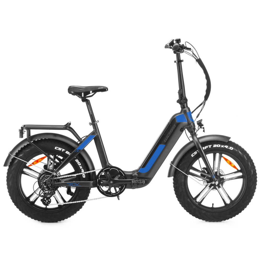 Fat Bike elettrica pieghevole da città, Rockers del marchio World dimension, di colore nero e blu