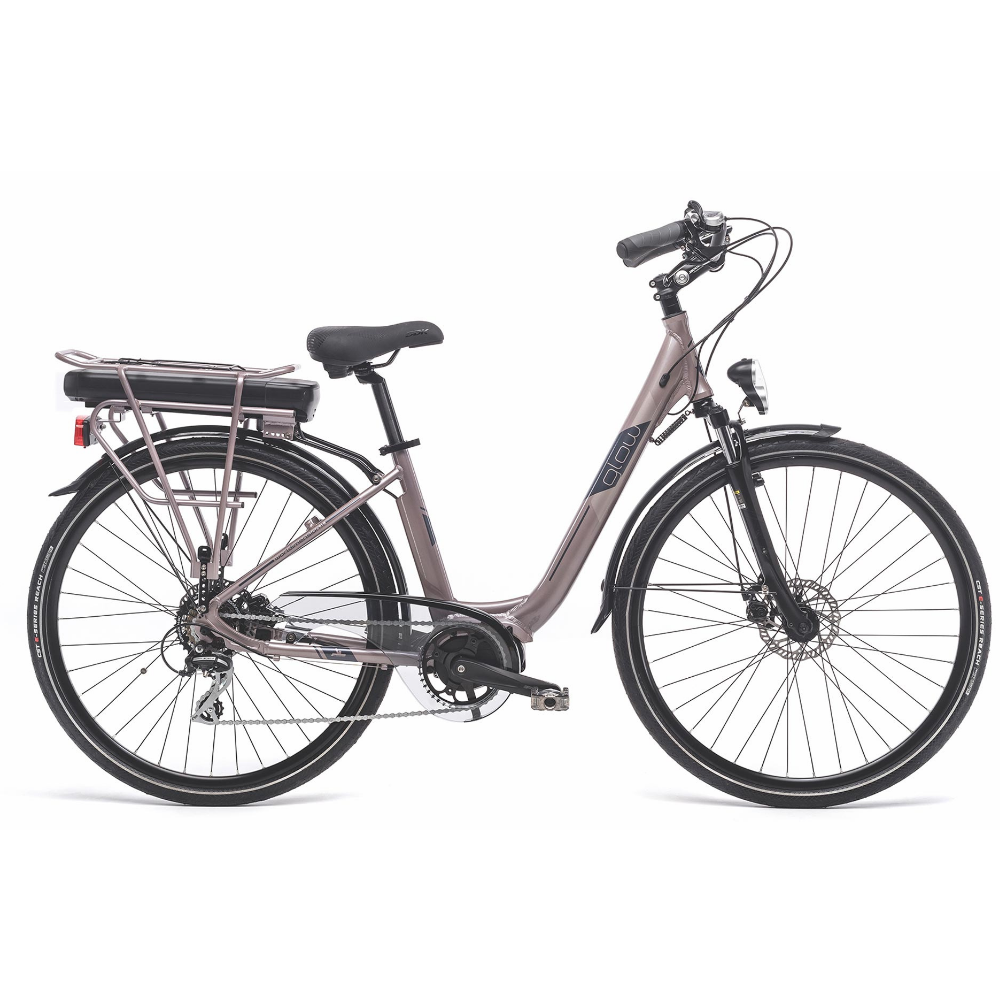 Bicicletta elettrica da città Made in Italy da donna, modello Glow del marchio World dimension, colore malva